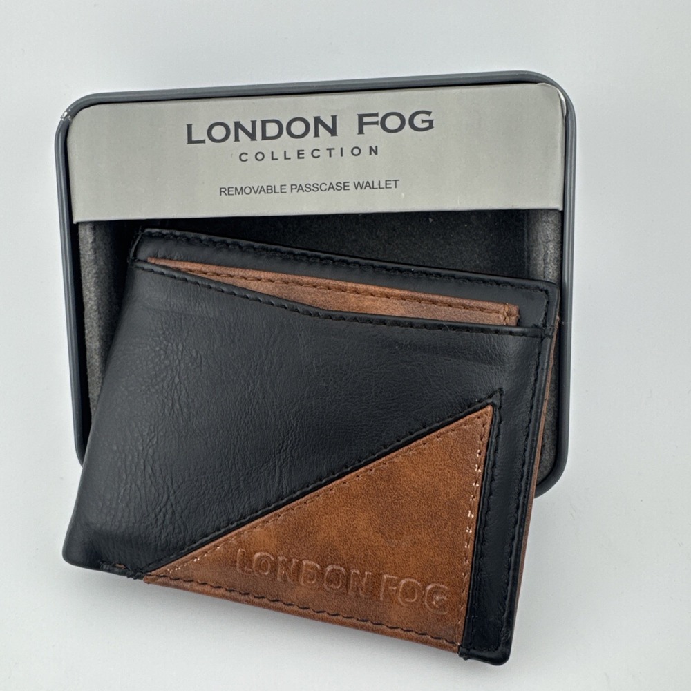 London Fog Mens Leather Bifold Passcase Wallet Brown Black RFID Blocking Tin